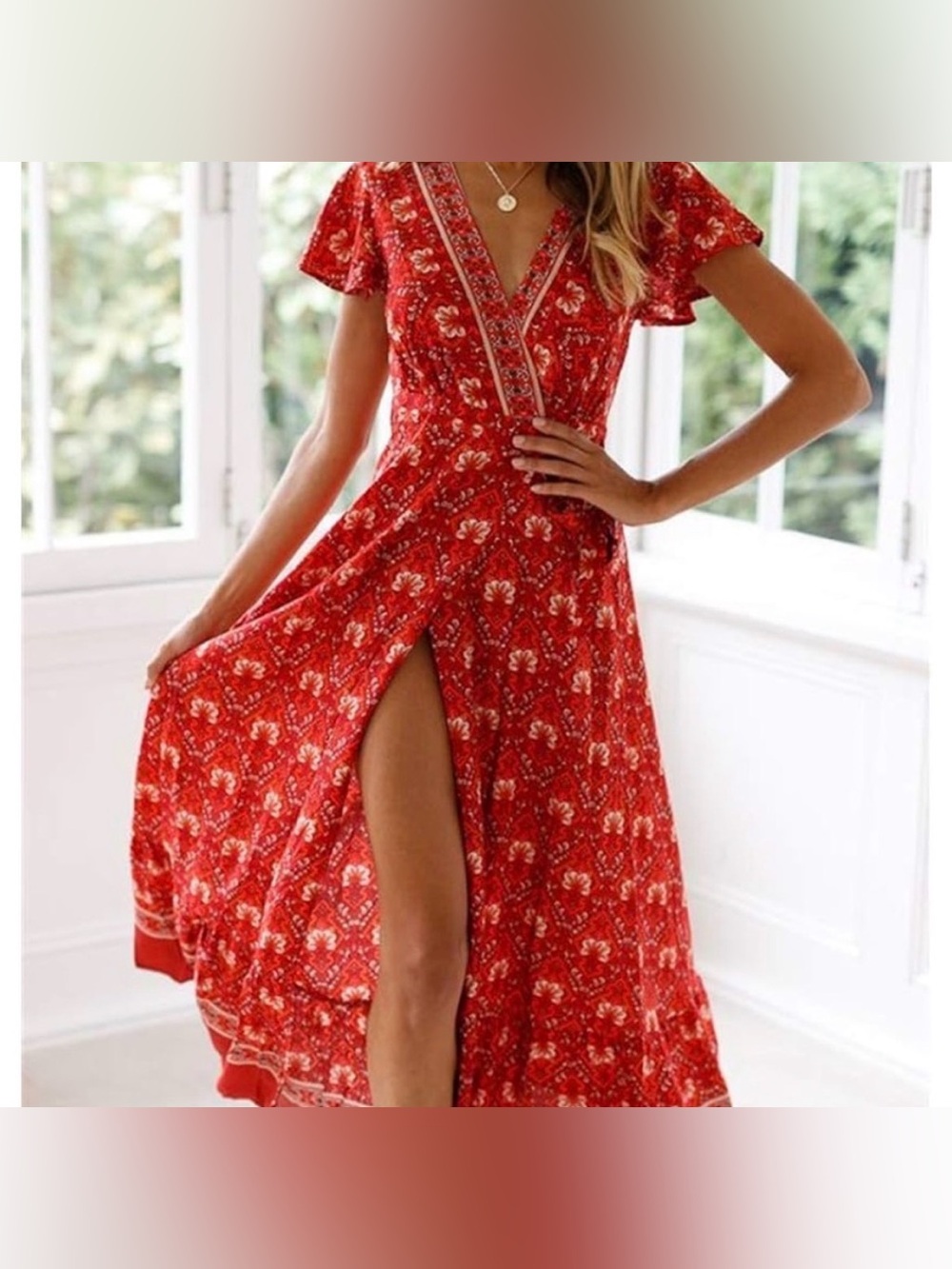 Red Floral Wrap Maxi Dress - Unbranded